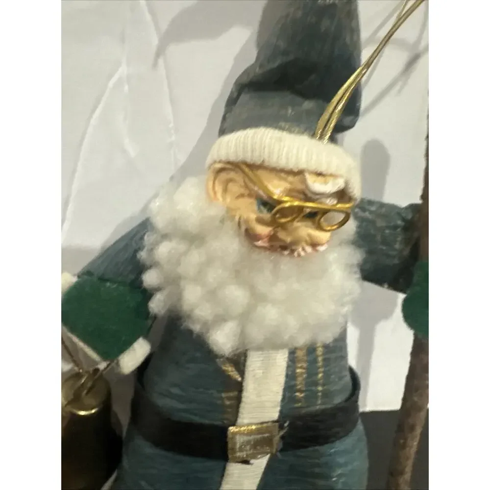 Vintage Paper Mache Blue Santa Claus Bell Ornament w Staff Christmas Decor